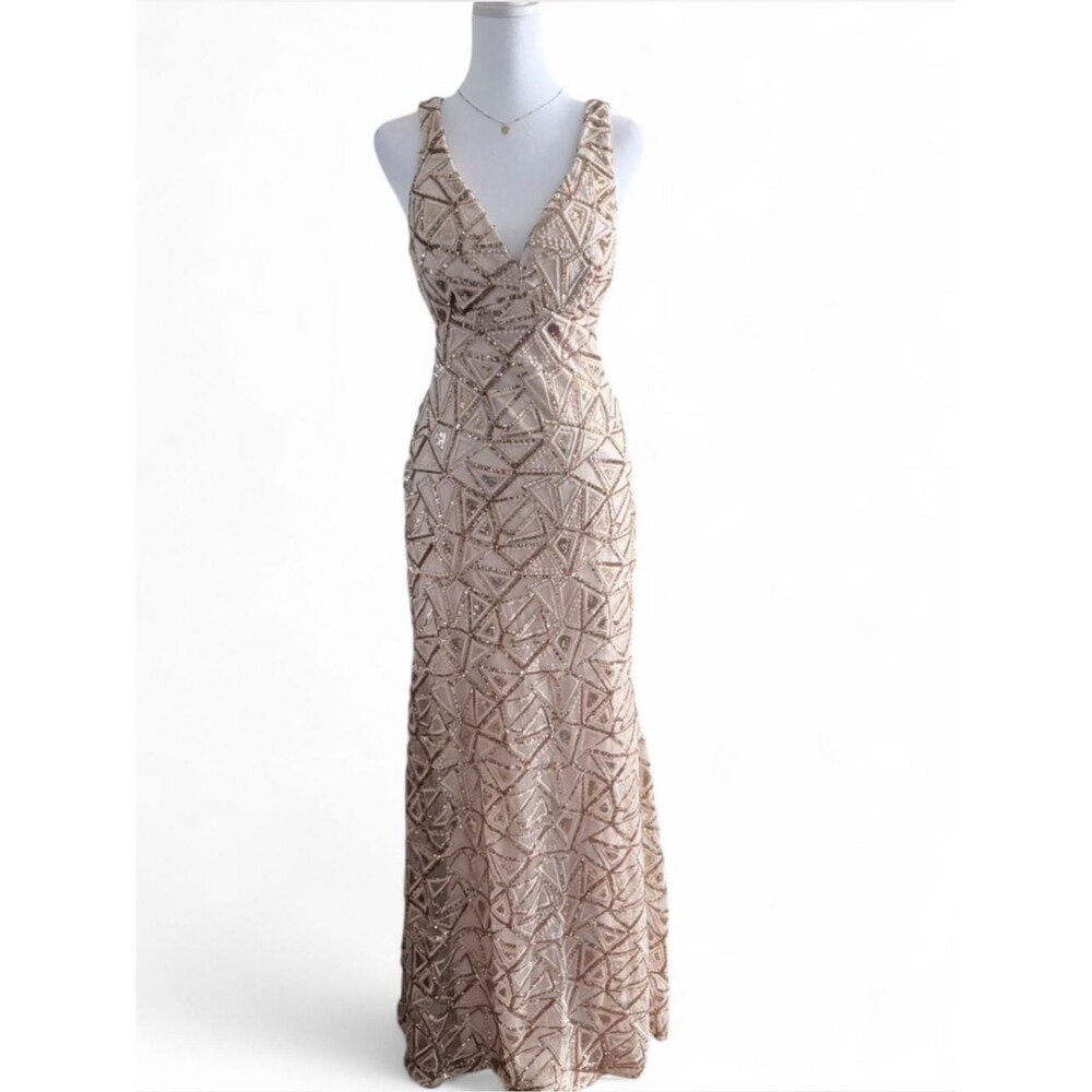 Morgan & Co Champagne Gold Sequin Open Back Gown Formal Evening Dress - Picture 4 of 15